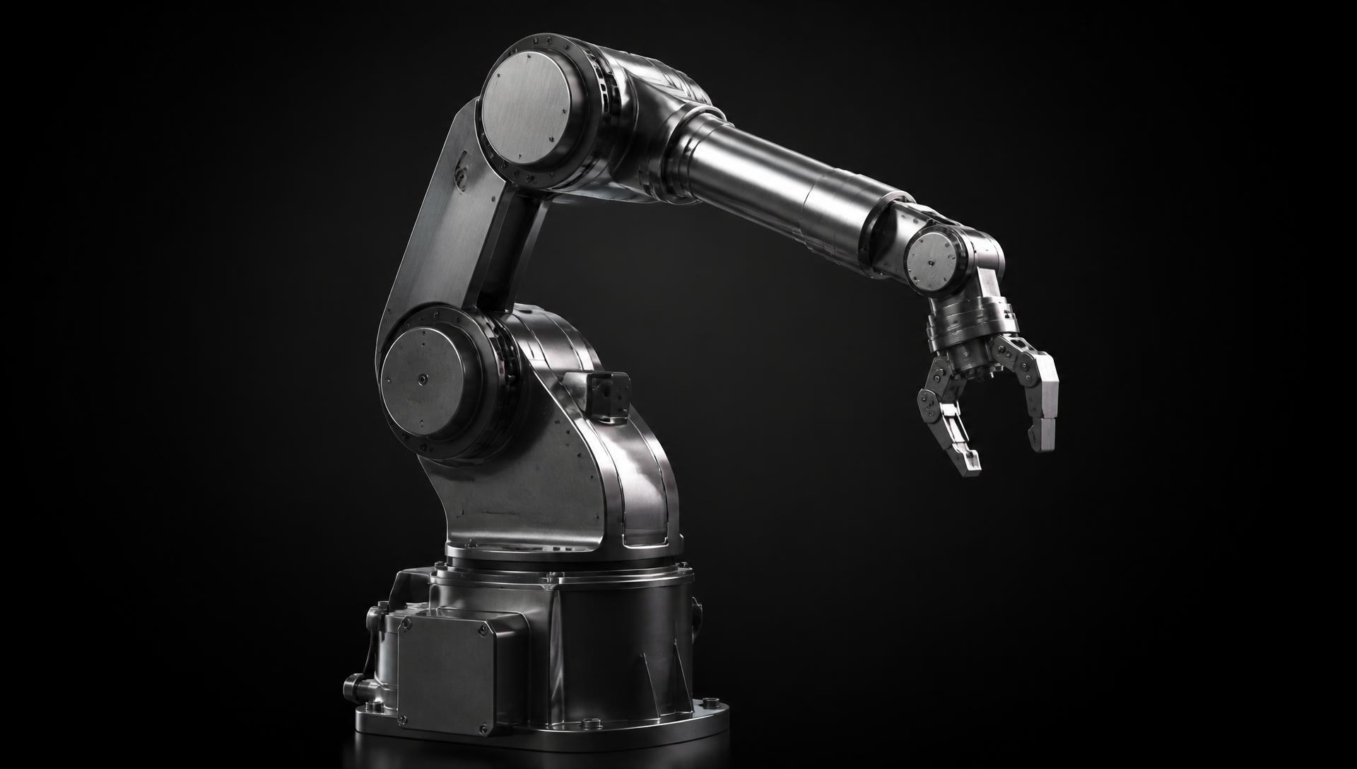 Grayscale render of an industrial robotic arm mid-pose